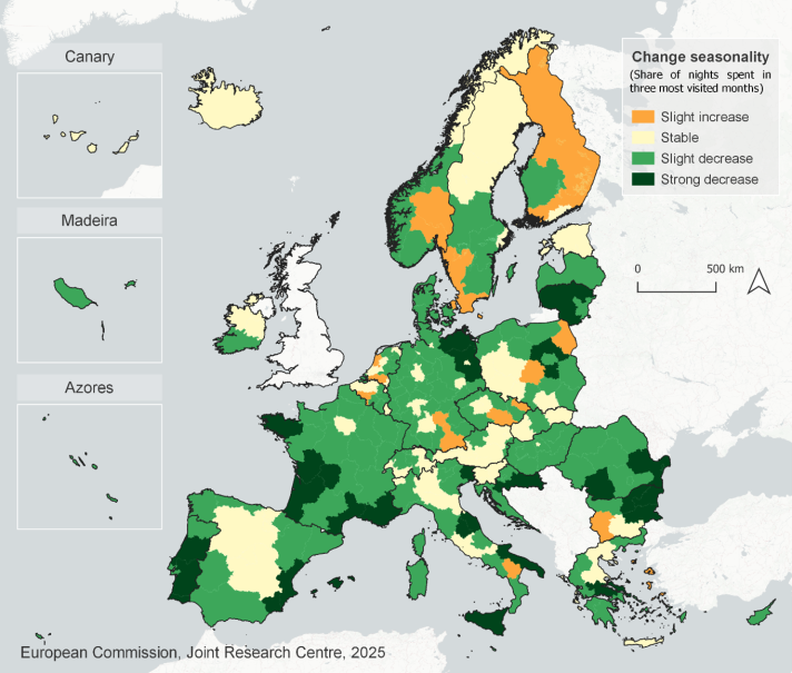 Map of Europe showing the change of seasonality, based on the share of nights spent in three most visited months 